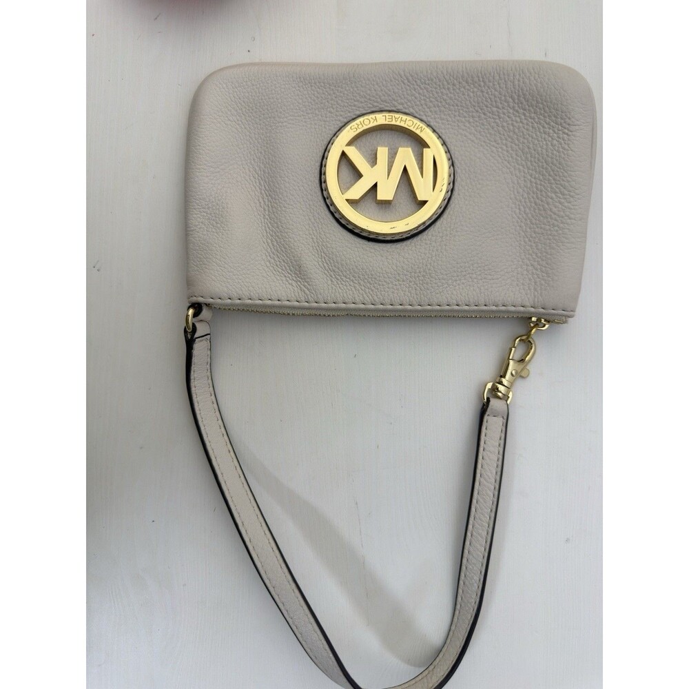Michael Kors Fulton Leather Wristlet Wallet Vanilla Gold Zip Clutch Purse